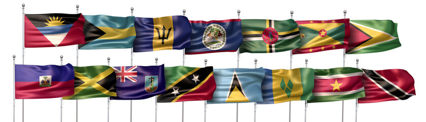 3D illustration featuring the national flags of the fifteen Caribbean countries which are full member states of The Caribbean Community (also known as CARICOM or CC).