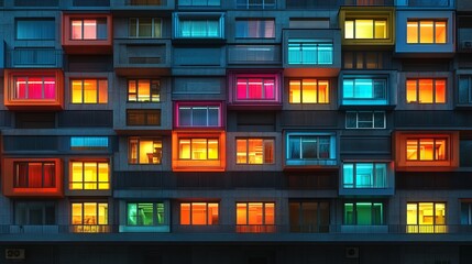 Colorful illuminated windows on modern urban building facade at night
