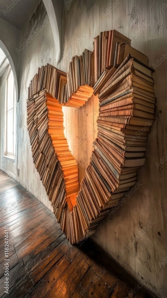 Poster opened books arranged in a heart shape create a warm atmosphere in a cozy reading space