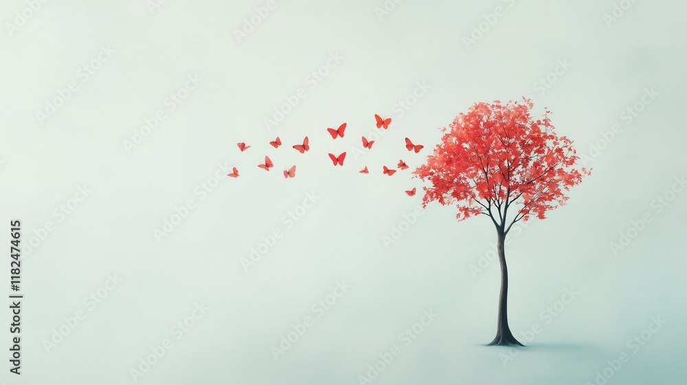 Poster surreal tree with leaves transforming into butterflies against soft background for fantasy and natur