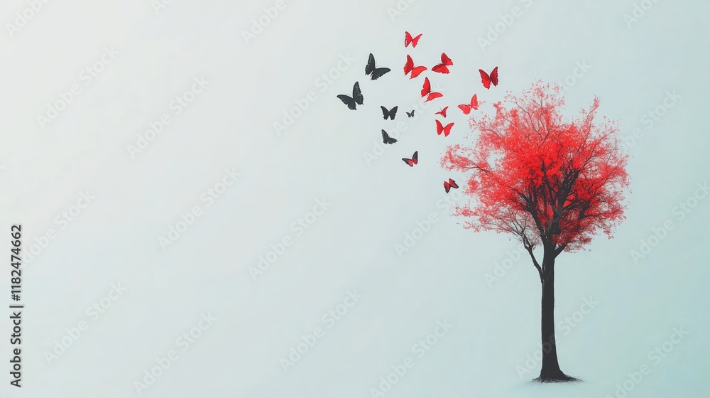 Poster surreal tree with vibrant red leaves transforming into butterflies on pastel background with copy sp