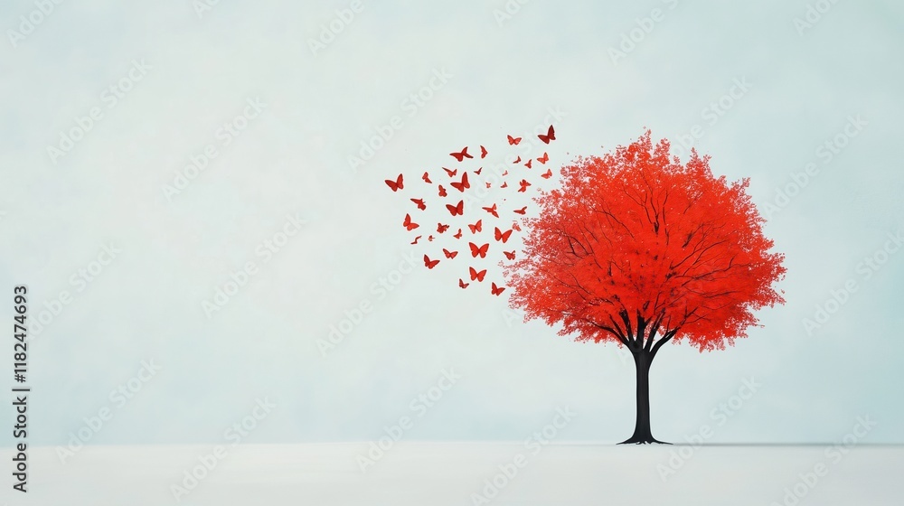 Aufkleber surreal image of a tree transforming into butterflies, combining nature and imagination with vibrant