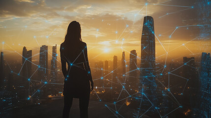 Obraz premium Abstract business woman stands on the peak of success amid tall, innovative Smart city and graphs with statistics to analyze business potential and predict future developments in company growth.