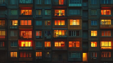 Colorful illuminated apartment windows in urban setting at night