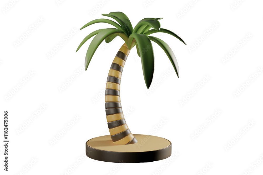 Poster stylized 3d render of a cartoon palm tree with a segmented trunk, isolated on transparent background