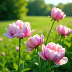 Fototapeta premium Soft pink peonies in full bloom against a serene green landscape, peony field, countryside, flowers