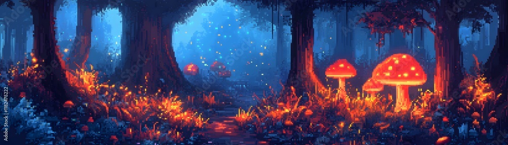 Poster a mystical forest scene illuminated by glowing mushrooms. tall trees surround the pathway, creating 