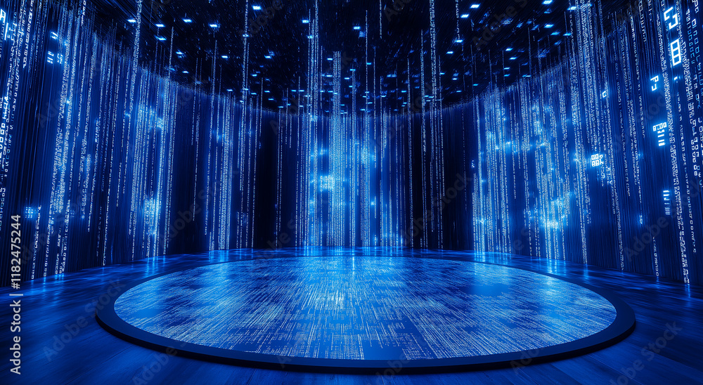 Aufkleber a blue, glowing cityscape with towering skyscrapers, covered in binary code and digital patterns