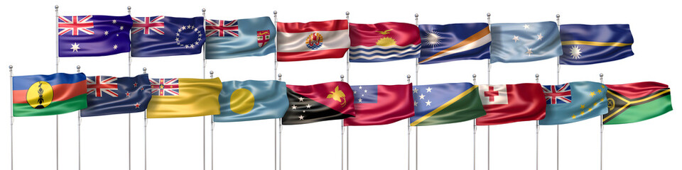 3D illustration featuring the national flags of the eighteen countries which are full member states of The Pacific Islands Forum (or PIF)