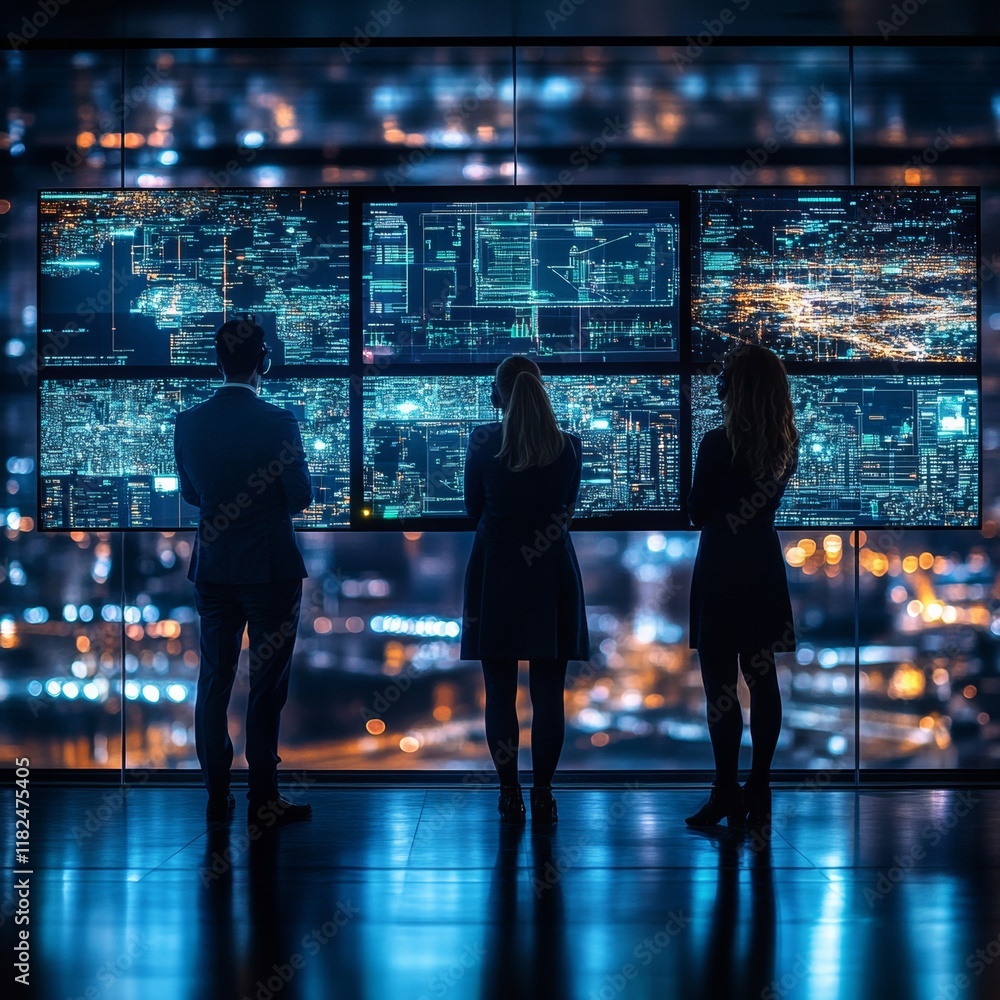 Aufkleber Engineers in Futuristic Control Room Monitoring Data on High-Tech Screens at Night