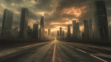 Obraz premium Desolate city skyline at sunset, road leads to vanishing point.