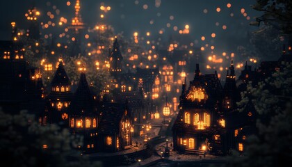 Naklejka premium A serene night view of a charming village illuminated by countless lanterns