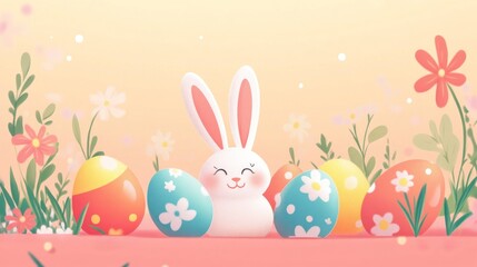 Cute cartoon bunny surrounded by colorful easter eggs and flowers