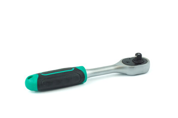 Detail of a green ratchet wrench type tool with a socket on it. On white background.