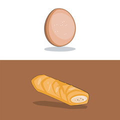  A vector illustration featuring a brown whole egg and a crispy egg roll with a visible filling. Ideal for food-related designs, breakfast themes, restaurant branding, and culinary visuals.