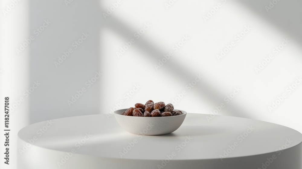 Poster minimalist composition: bowl of dates on round white table with soft shadows