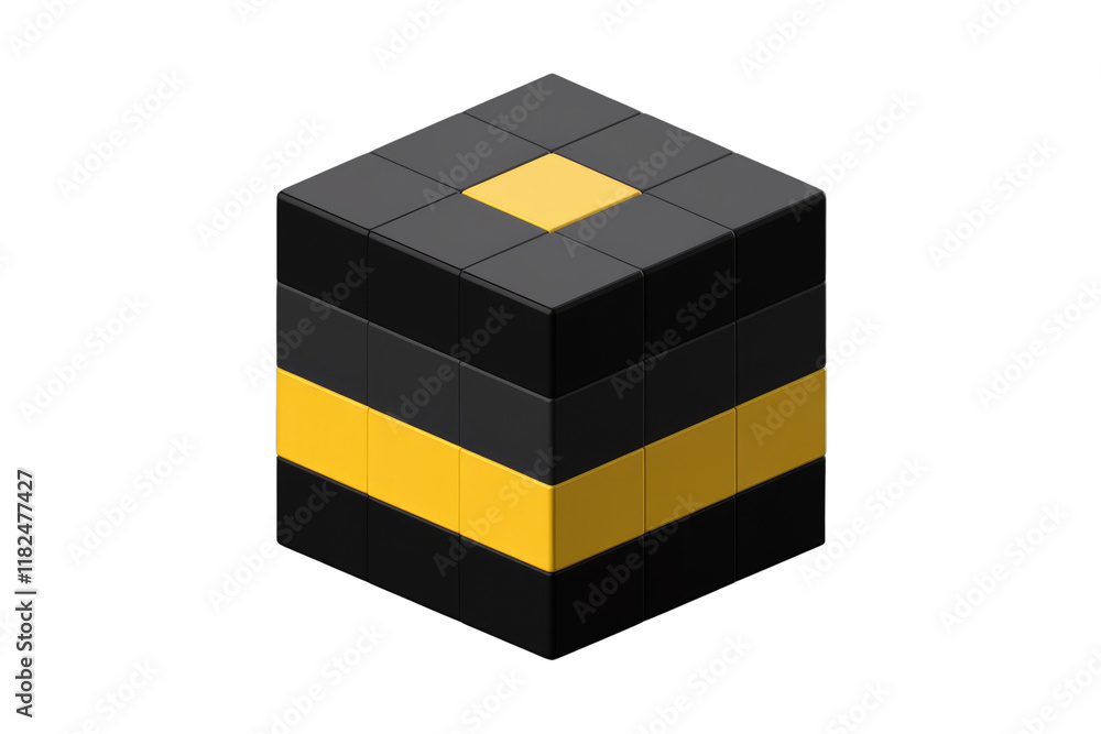 Fototapete A 3D isometric rendering of a cube, primarily black with yellow accents on the center and midsection. background removed