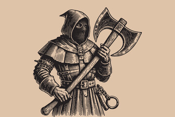 Medieval executioner with axe, woodcut style black  engraving