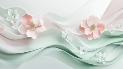 Pastel wave designs with floral accents soft pink and sage green graphic art airy mood dynamic arrangement