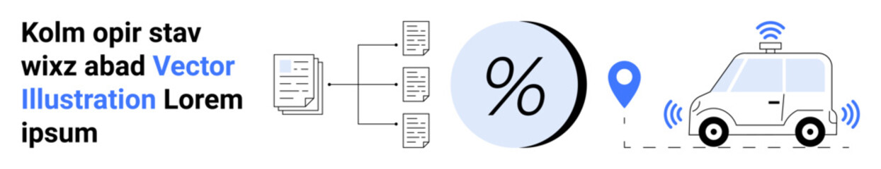 Autonomous vehicle, data network, file exchange icons, percentage symbol, GPS marker. Ideal for technology, navigation, data analysis, AI, transportation, network systems and infographic design