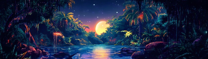 A vibrant tropical landscape under a starry night sky, illuminated by a full moon reflecting on a serene river, surrounded by lush greenery and exotic flora, creating a peaceful at