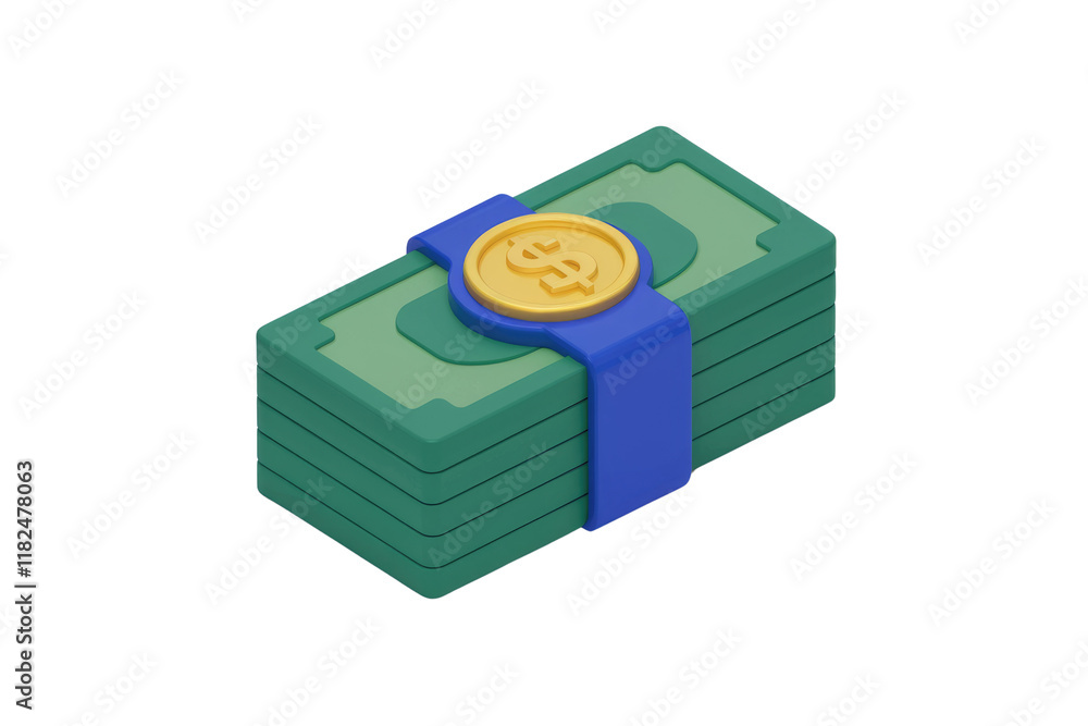 Poster a 3d render of a stack of money secured with a blue band and a gold dollar coin. background removed