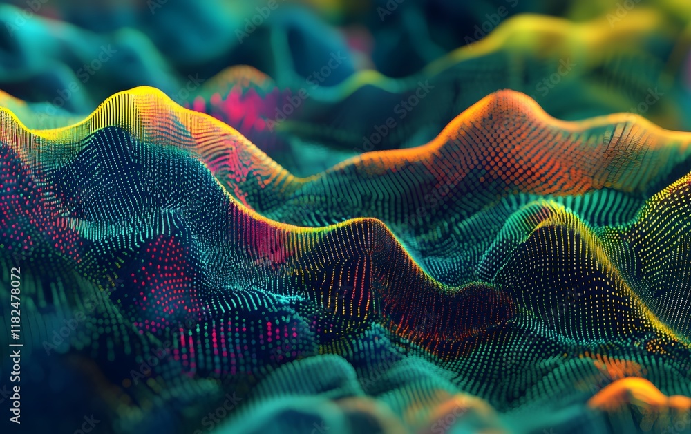 Poster abstract digital rendering of colorful wave patterns. this vivid design features a blend of vibrant 