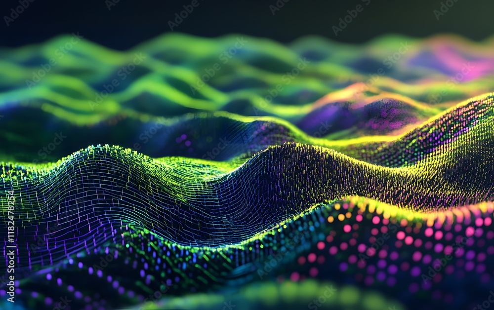 Poster this vibrant digital landscape captures waves of colorful data and abstract patterns, representing t