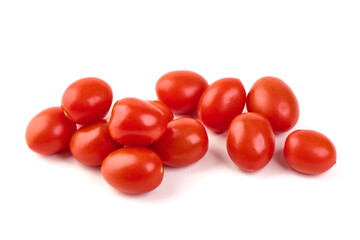 Fresh cherry tomatoes with Sweet basil leaves, isolated on white background.