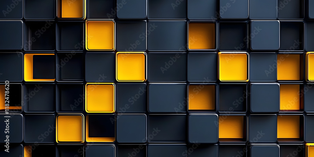 Poster modern abstract design of black and yellow cubes arranged in a geometric grid, combining innovation 