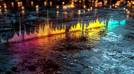 Colorful audio wave visualizer on dark reflective surface, city night background, music visualization