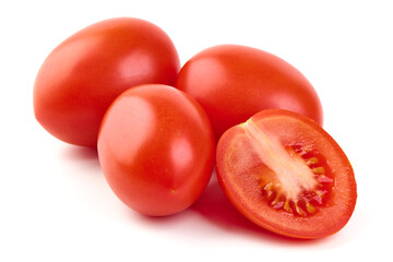 Fresh cherry tomatoes with Sweet basil leaves, isolated on white background.