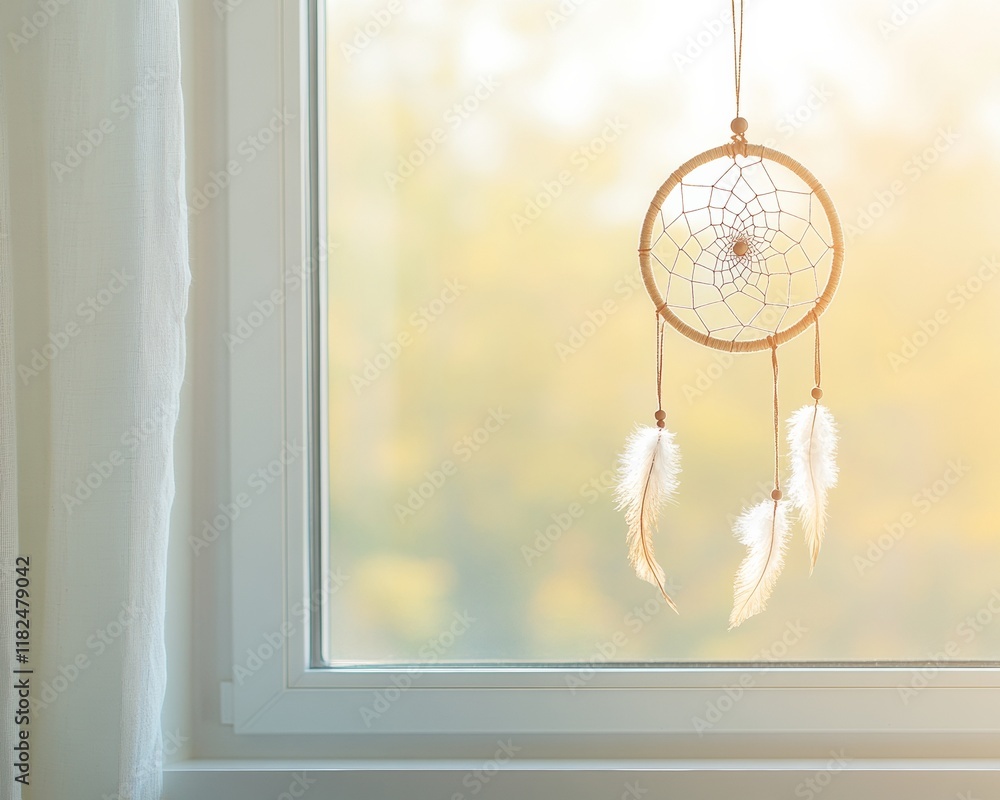 Poster sunlit dreamcatcher hanging by a window