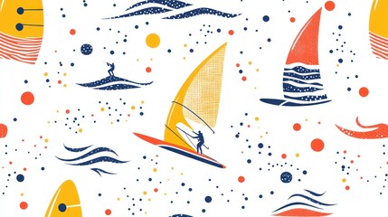 Seamless pattern with sailboats, surfers, and waves.