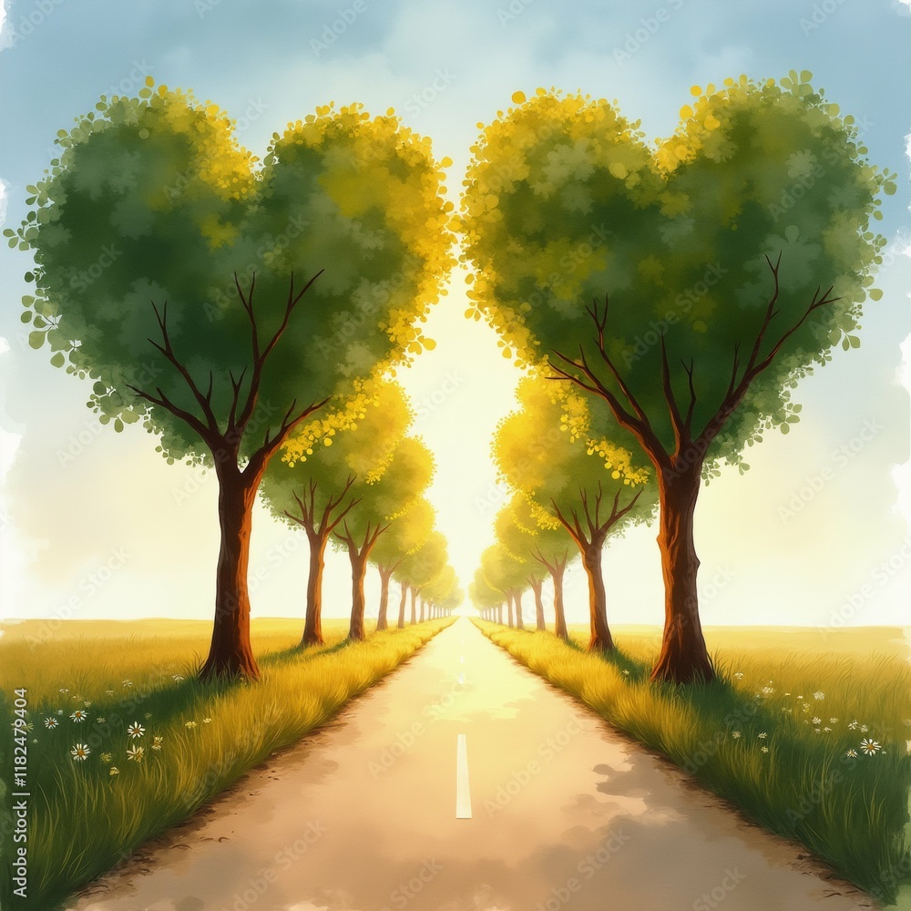Poster the image is a digital illustration of a long, straight road with multiple trees on either side.