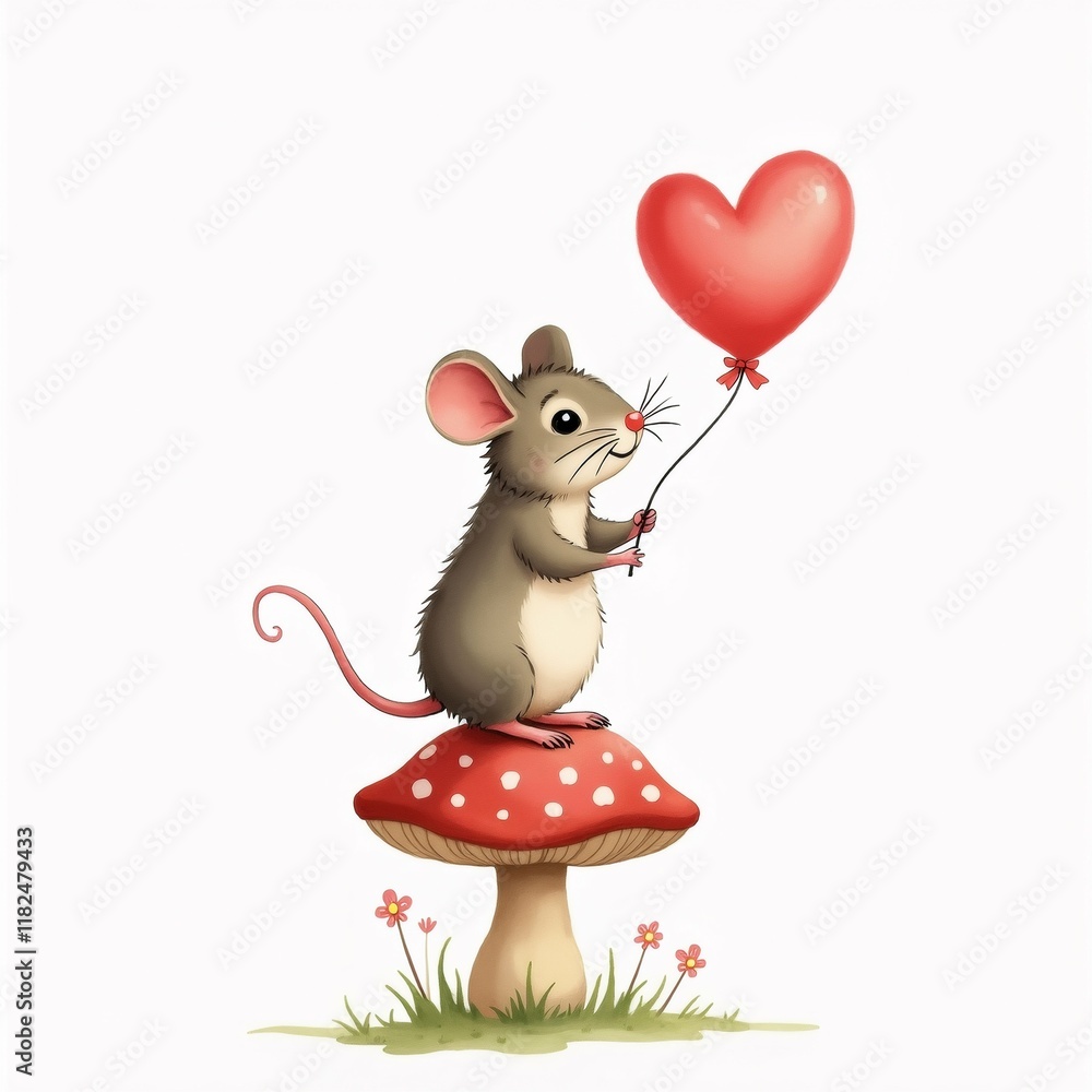 Poster the image is a digital illustration of a mouse sitting on top of a red mushroom. the mouse is holdin