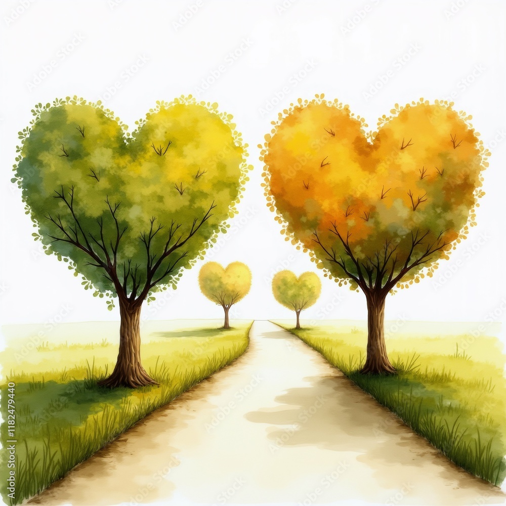 Poster the image is a digital illustration of a pathway in the shape of a heart. the pathway is lined with 