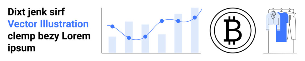 Obraz premium Bar and line graph with rising trend, Bitcoin symbol, and clothing rack with shirts. Ideal for marketing, finance, analytics, technology, cryptocurrency e-commerce retail concept. Landing page
