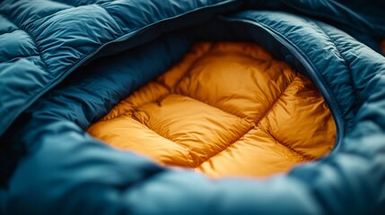 Cozy orange sleeping bag interior. Outdoor camping gear