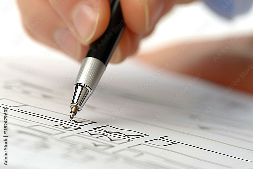 Aufkleber close-up of a person's hand marking checkboxes on a checklist with a pen.