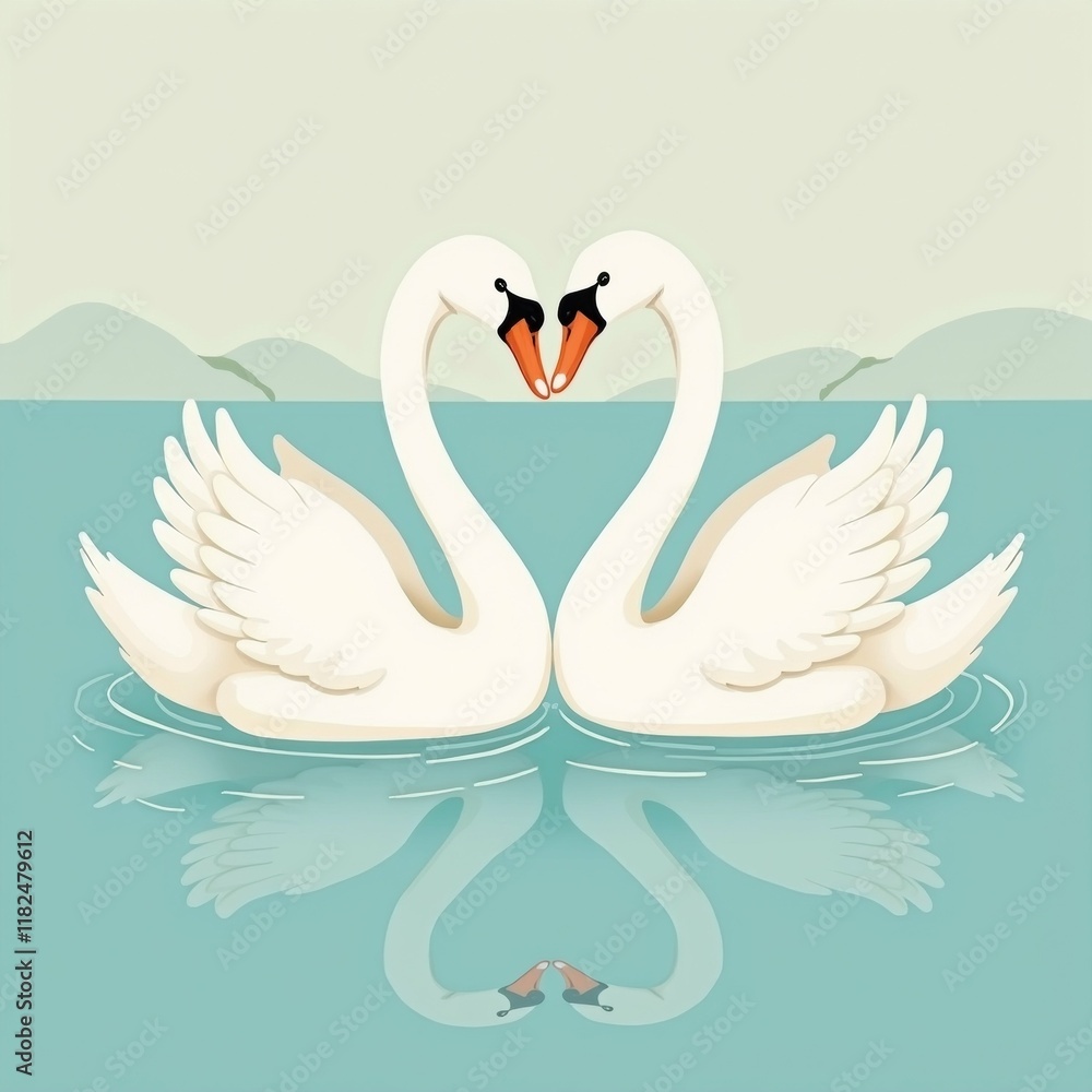 Poster The image is a digital illustration of two white swans making a heart shape with their necks. The swans are floating on a body of water with mountains in the background.