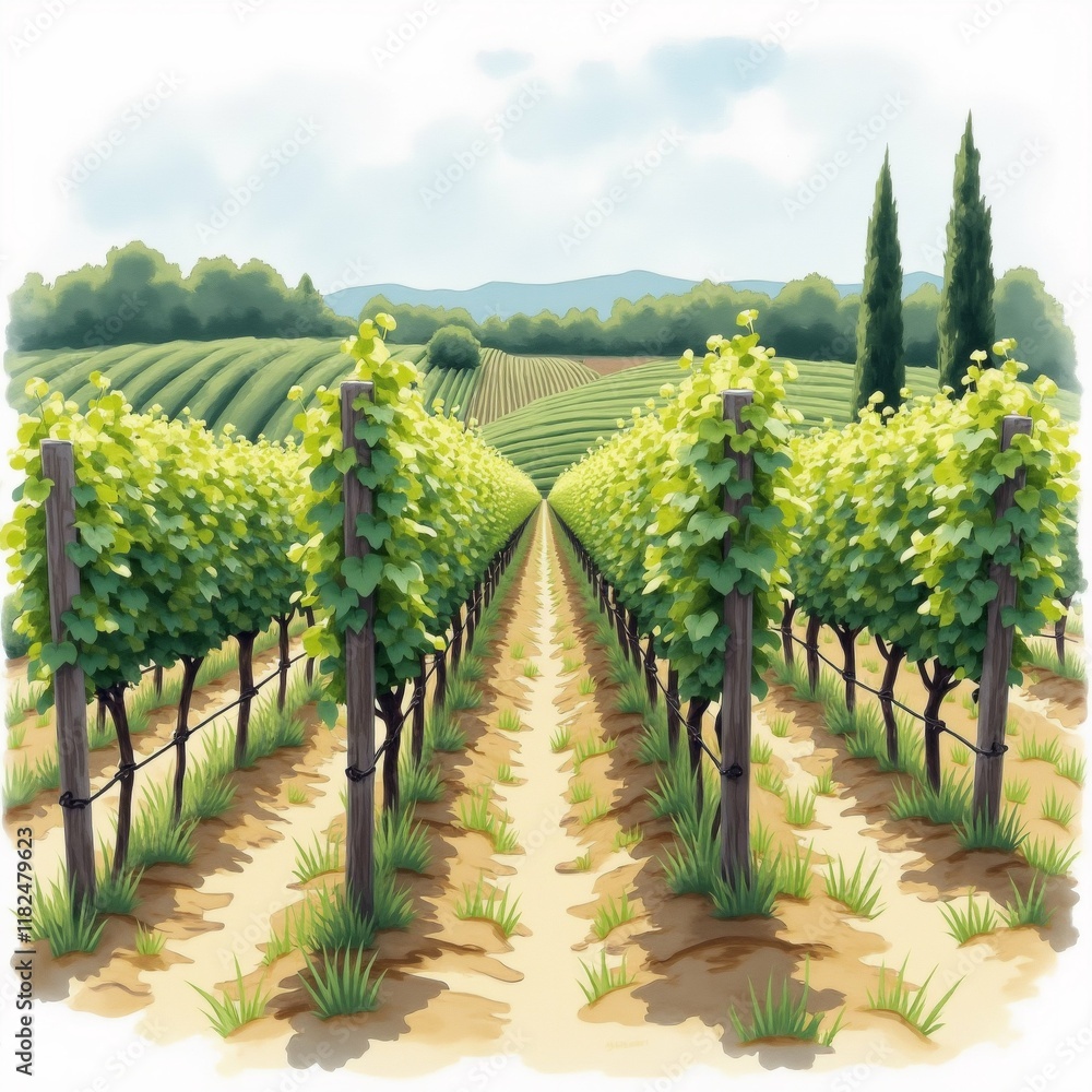 Poster the image is a digital illustration of a vineyard. it shows a row of rows of grapevines with green l