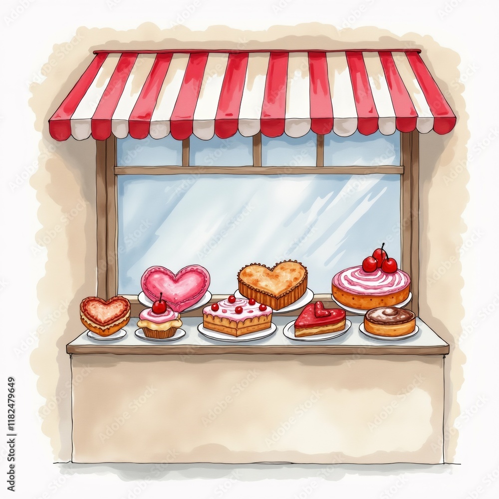 Aufkleber the image is a digital illustration of a window display of various types of cakes and pastries. the 