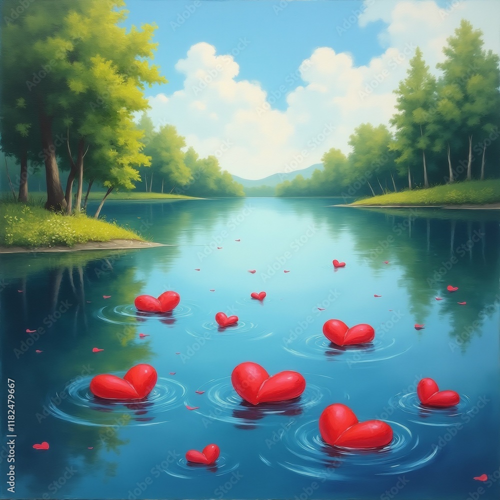 Poster the image is a painting of a beautiful landscape with a lake in the center. the lake is surrounded b