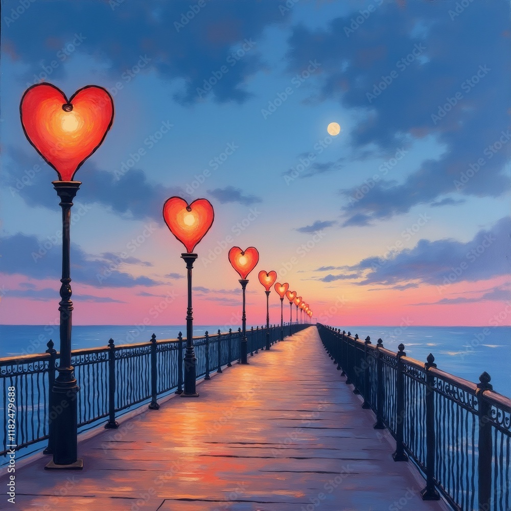 Poster the image is a painting of a long pier with a row of heart-shaped lanterns on it.