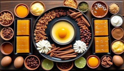 Delicate Arrangement of Traditional Mexican Cajeta and Flan Desserts on a Wooden Surface