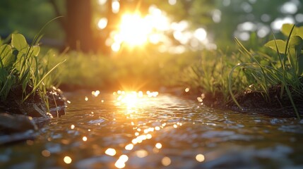 Fototapeta premium Sunlit stream in lush greenery with sparkling water and bright sunlight