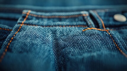 Close-up of blue denim jeans with orange stitching in detailed focus