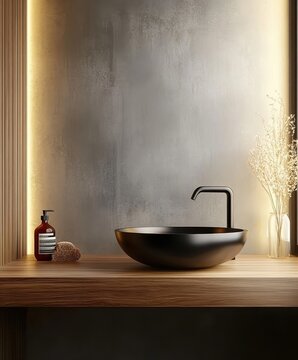 Modern minimalist bathroom, stone basin sink, wooden countertop, metallic wall texture, industrial chic, matte black faucet, ambient lighting, sleek design, neutral tones, luxury spa aesthetic, Japane