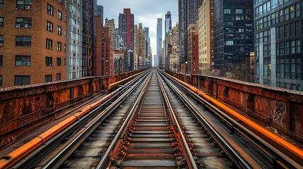 Obraz premium Elevated Train Tracks Through City Buildings